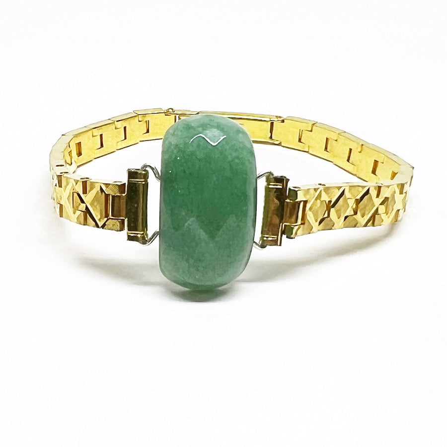 Cuff made with vintage 1970s gold plated stailess steel watch band and Green Aventurine  Eyegren