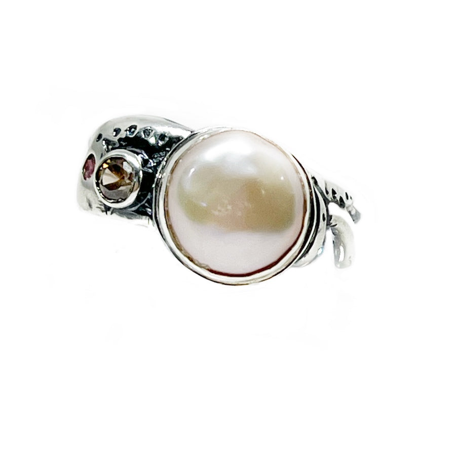 Freshwater Pearl with Champagne Zircon and Rhodolite Garnet, sterling silver ring with black patina - Unexpected