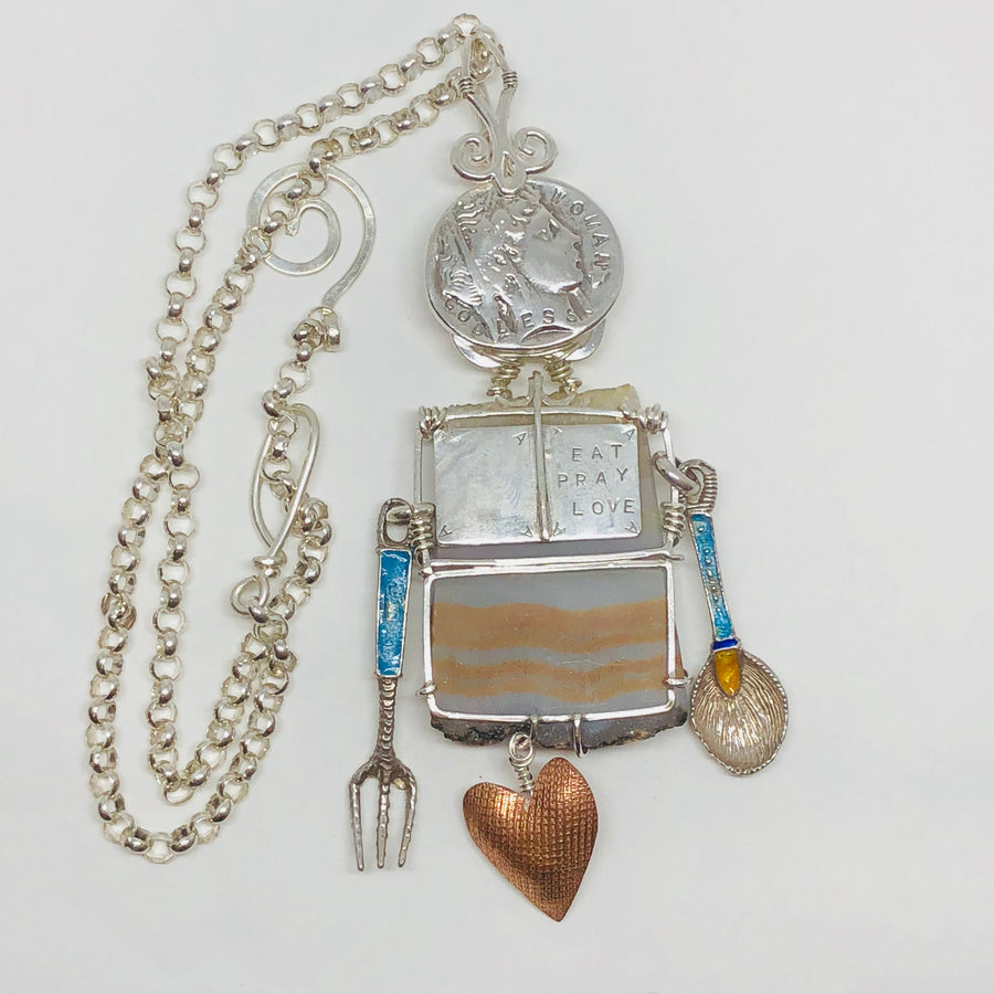 Sterling silver, Copper and Ribbon Stone Pendant or Art Piece- Eat Pray Love- Finding Oneself