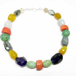 Large Multiple Gemstones and Coral, Sterling Silver Necklace -Abundance in Balance