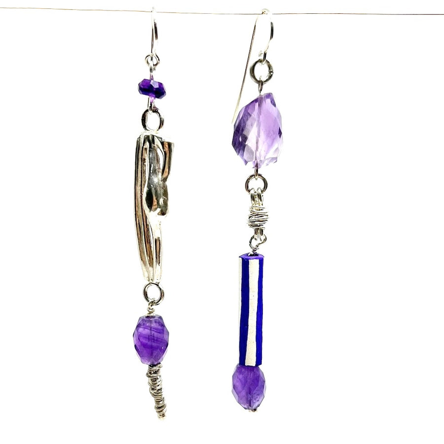 Amethyst and sterling silver earrings with antique ceramic