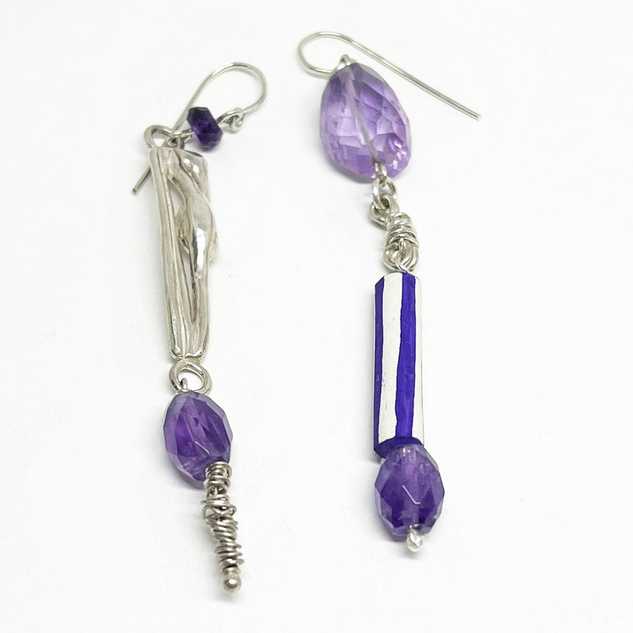 Amethyst and sterling silver earrings with antique ceramic