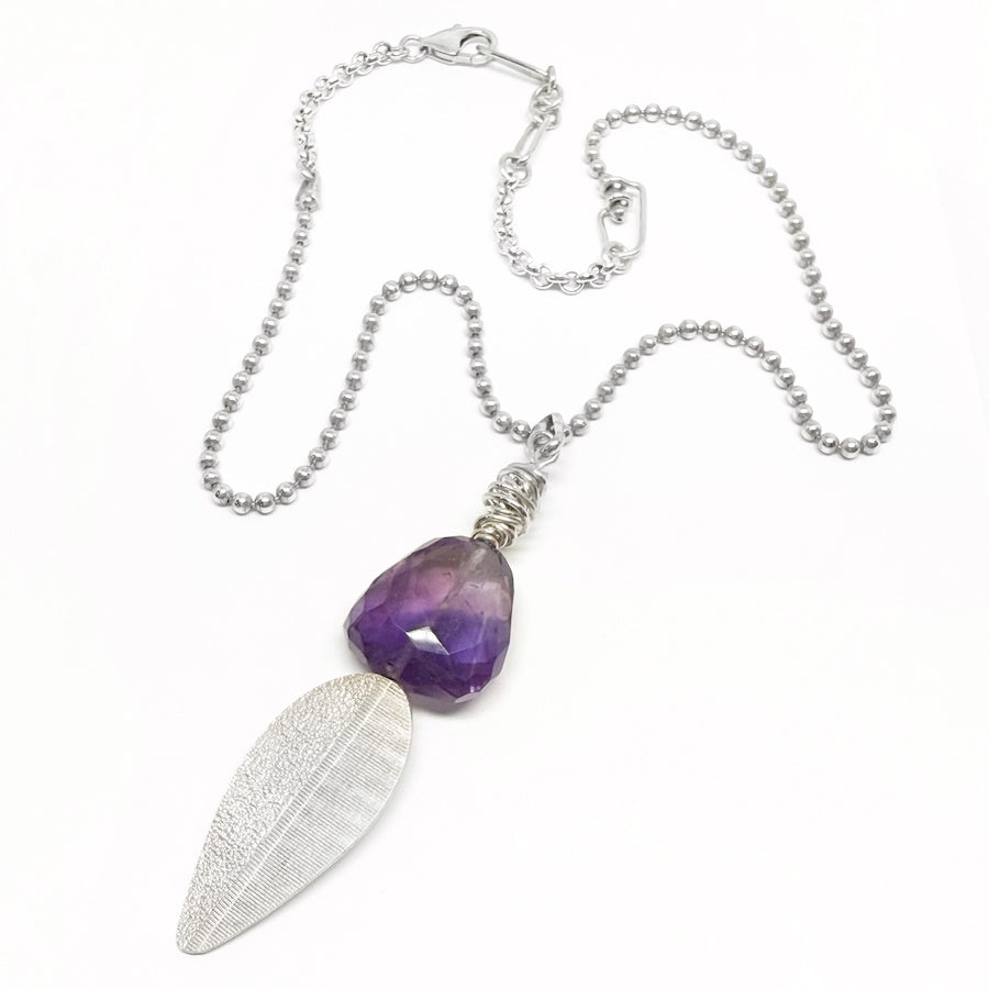 Amethyst and handmade sterling silver leaf and chain pendant - Garden Intuition