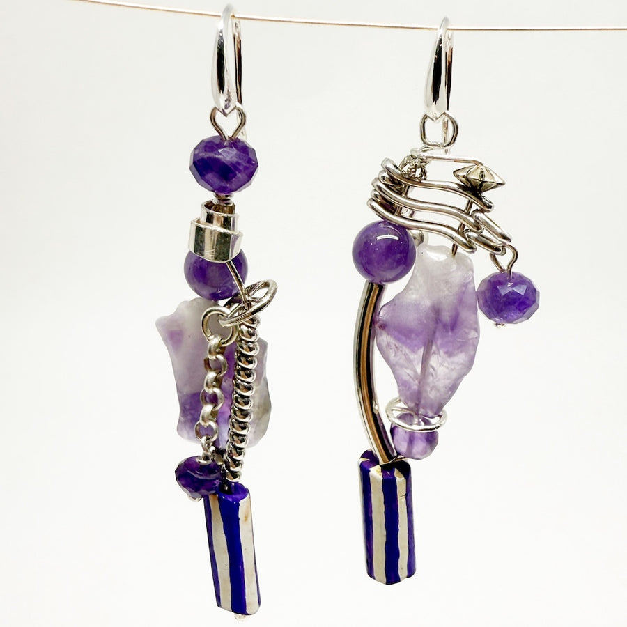 Amethyst and sterling silver earrings with antique ceramic