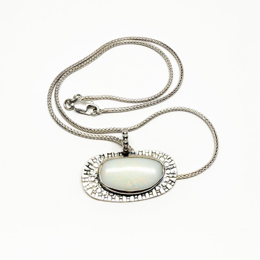 Solid Australian white opal set in sterling silver Pendant with Fox tail chain