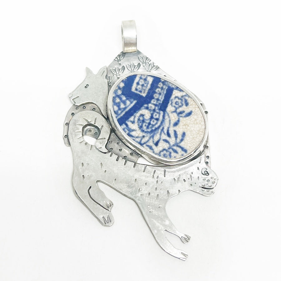 Dog and Cat Pendant in sterling silver and antique pottery