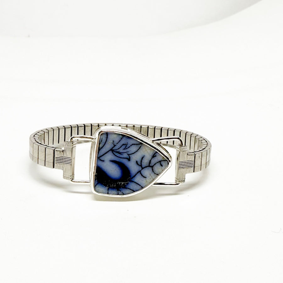 Handmade antique ceramic cuffs in sterling silver and stainless steel - Bramble