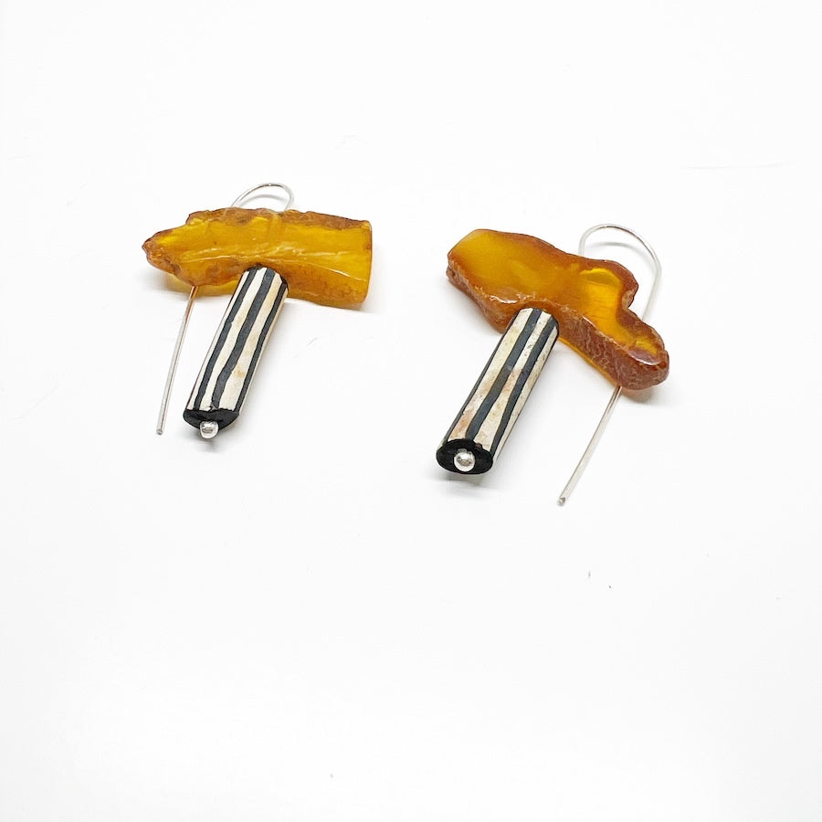 Baltic amber and vintage ceramic with Sterling Silver - Earrings- Winter Jacket
