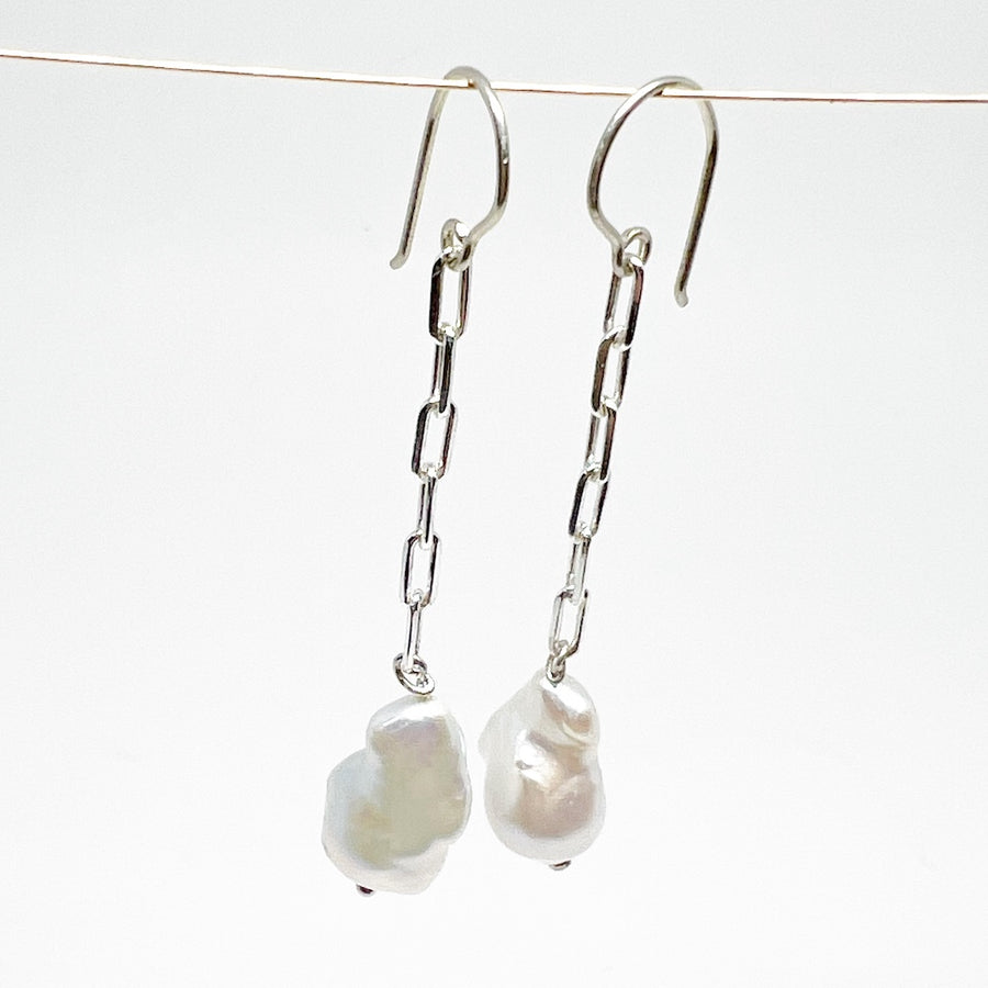 Freshwater Baroque Pearl Earrings with Sterling Silver  - Chained Moon