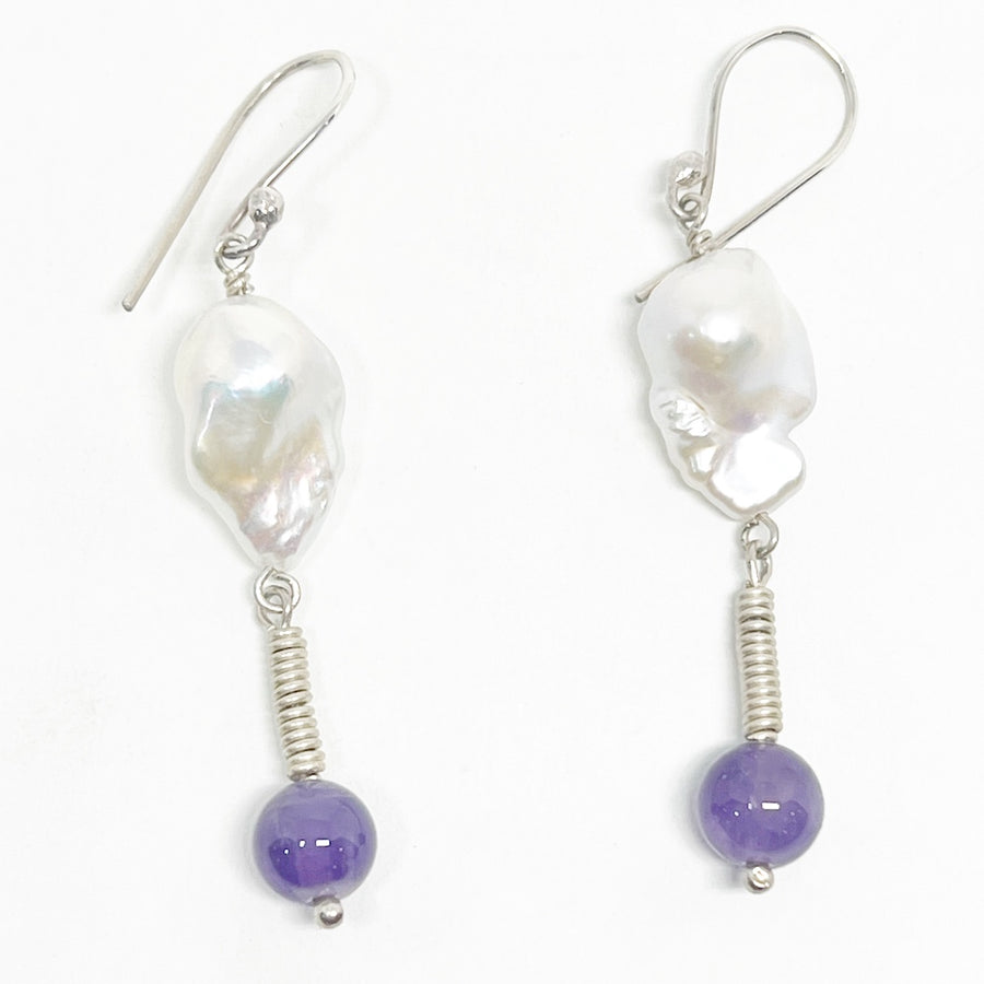 Baroque pearl earrings with amethyst and sterling silver