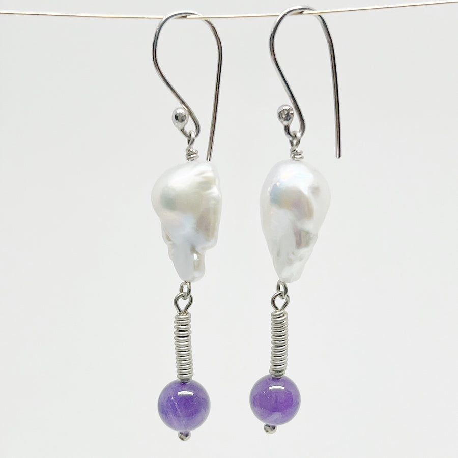 Baroque pearl earrings with amethyst and sterling silver