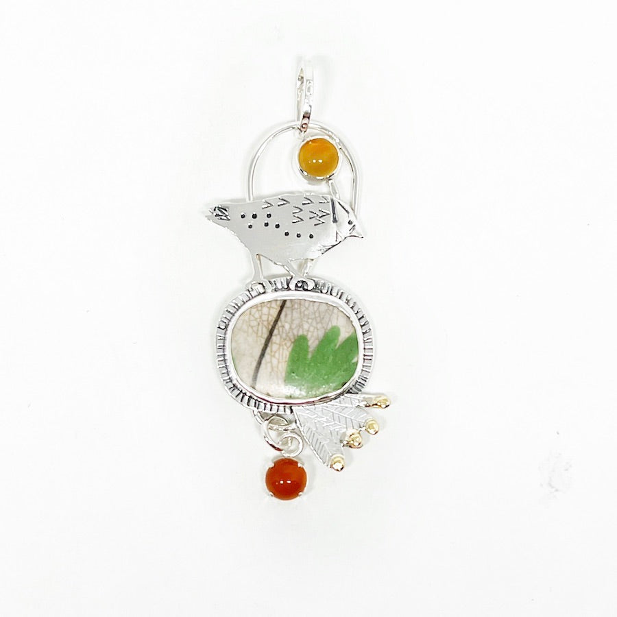 Bird Pendant in sterling silver with 9ct gold, antique pottery, carnelian