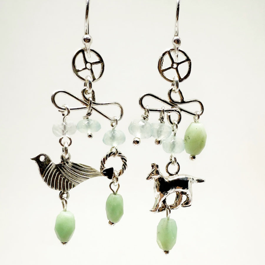 Earrings in sterling silver bird and dog with chrysoprase and chalcedony