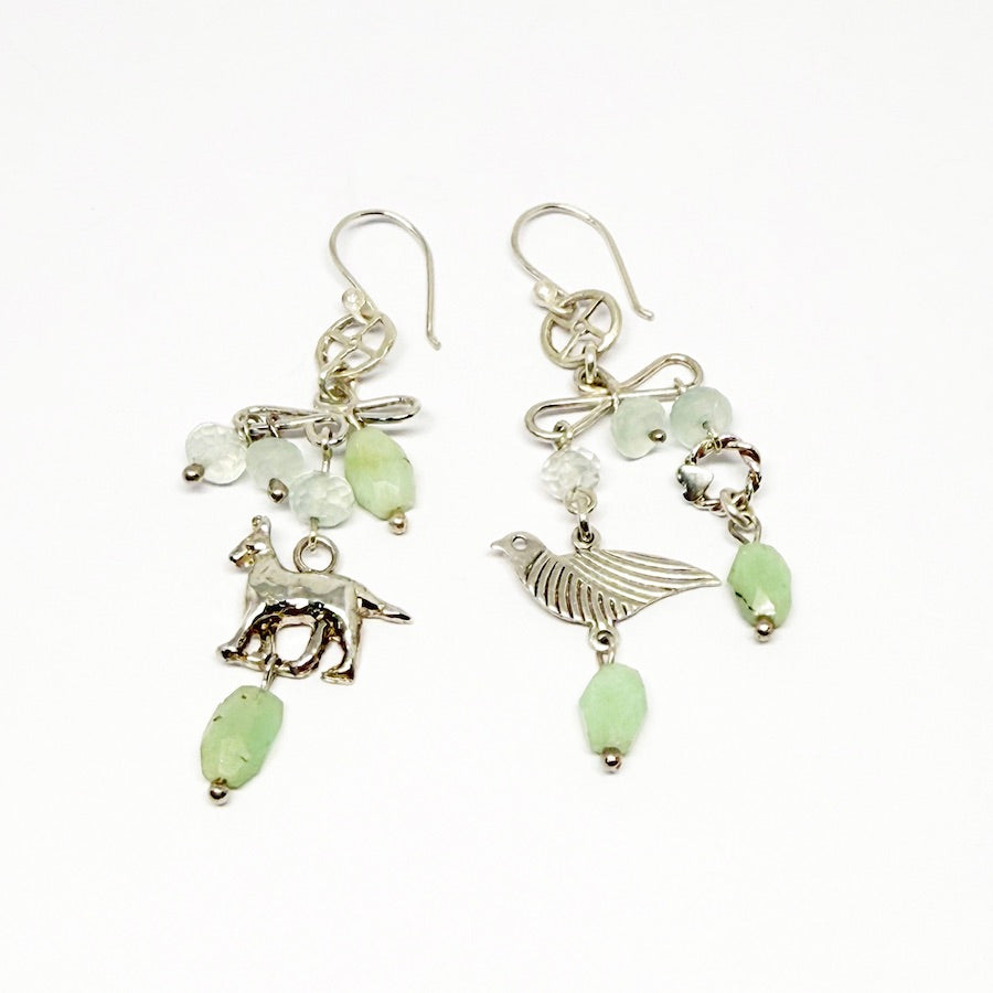 Earrings in sterling silver bird and dog with chrysoprase and chalcedony