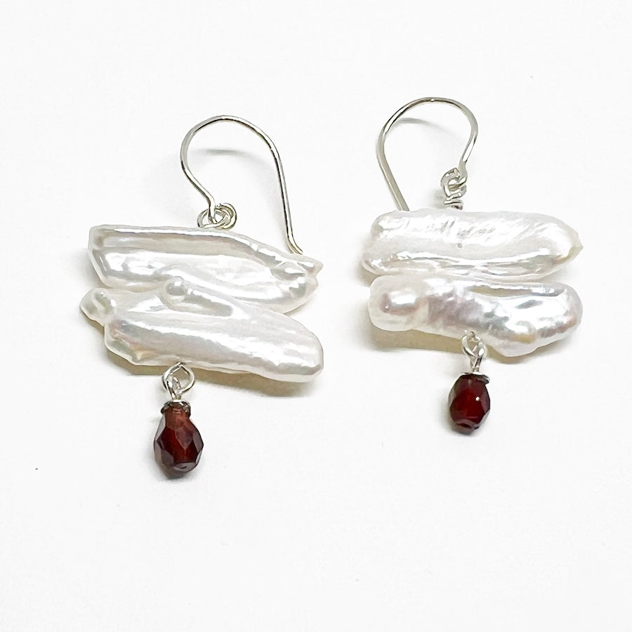 Boroque Pearls with Garnet drops on Sterling Silver Earrings - Blood Moon