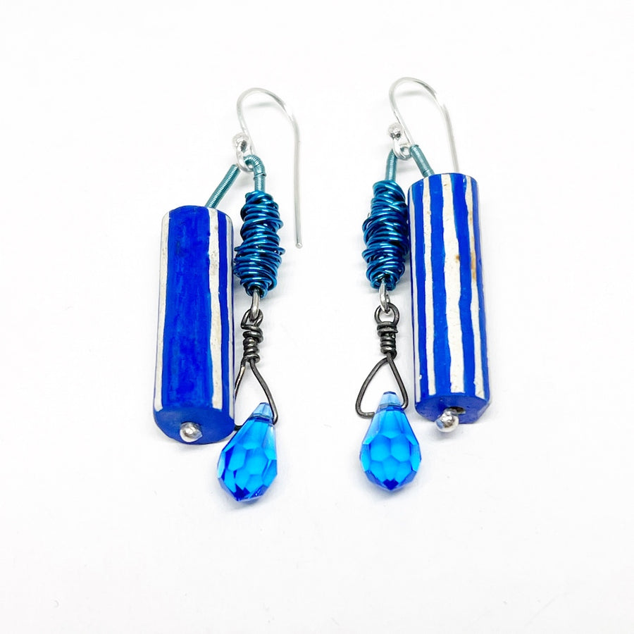 Sterling silver Earrings with antique pipes enamel wire and crystal