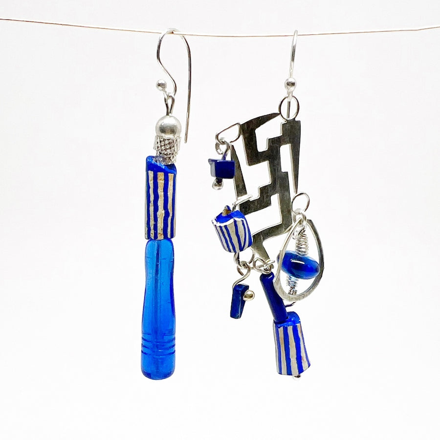 Ethical, Sterling silver, deep blue Lapis, recycled glass, antique pipe parts earrings