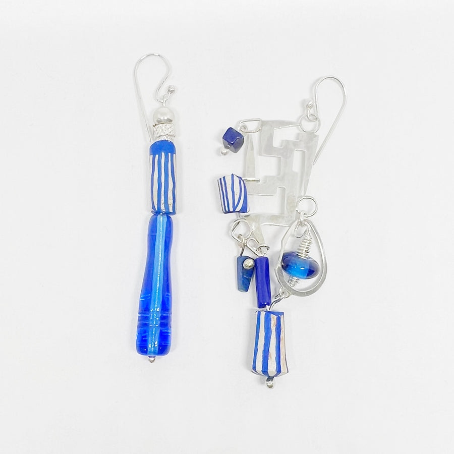 Ethical, Sterling silver, deep blue Lapis, recycled glass, antique pipe parts earrings