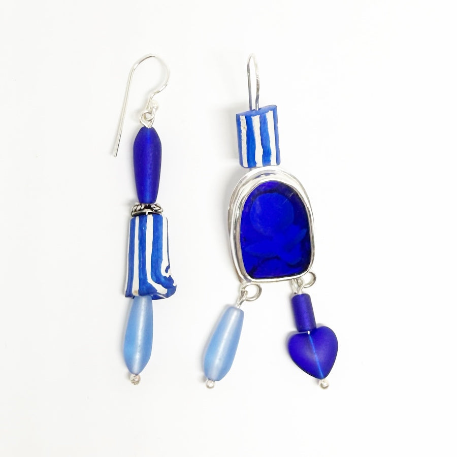 Earrings in deep blue vintage glass and antique ceramic pipes