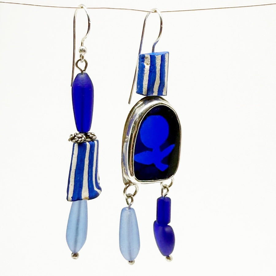 Earrings in deep blue vintage glass and antique ceramic pipes