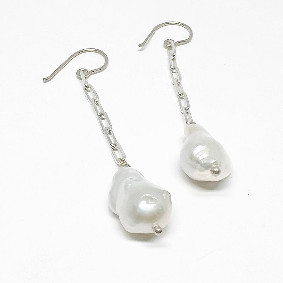 Freshwater Baroque Pearl Earrings with Sterling Silver  - Chained Moon