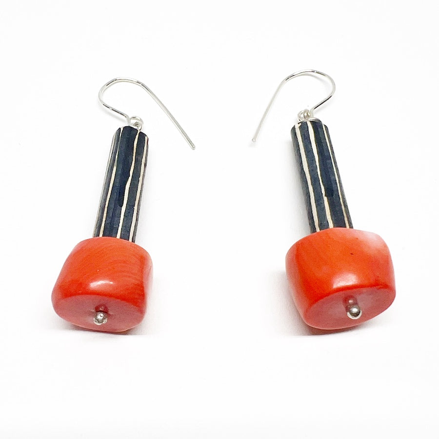 Coral and Antique Ceramic pipes with sterling silver -Earrings - Bright Orange Shoes