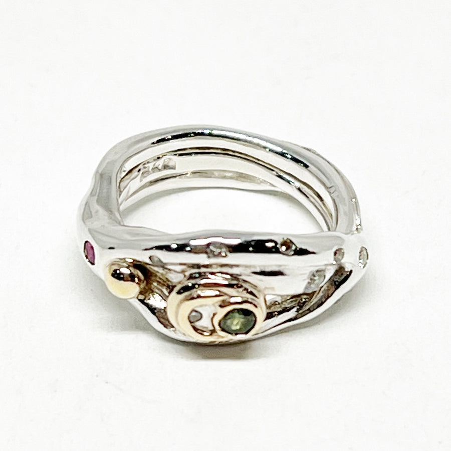 Solid sterling silver and 9ct Gold Australian Ring with green sapphire, 10 diamonds, ruby