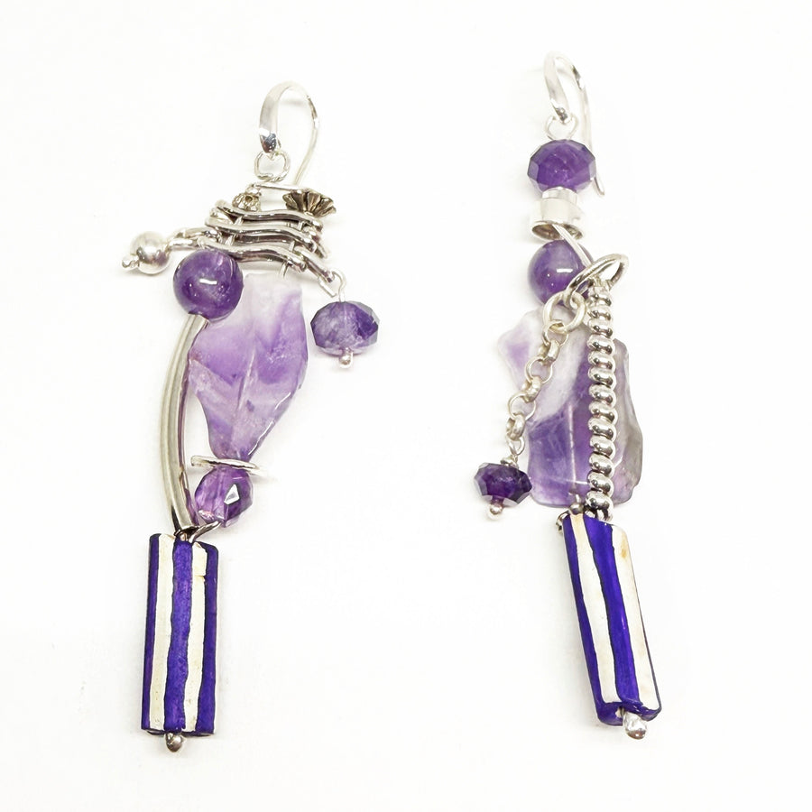 Amethyst and sterling silver earrings with antique ceramic