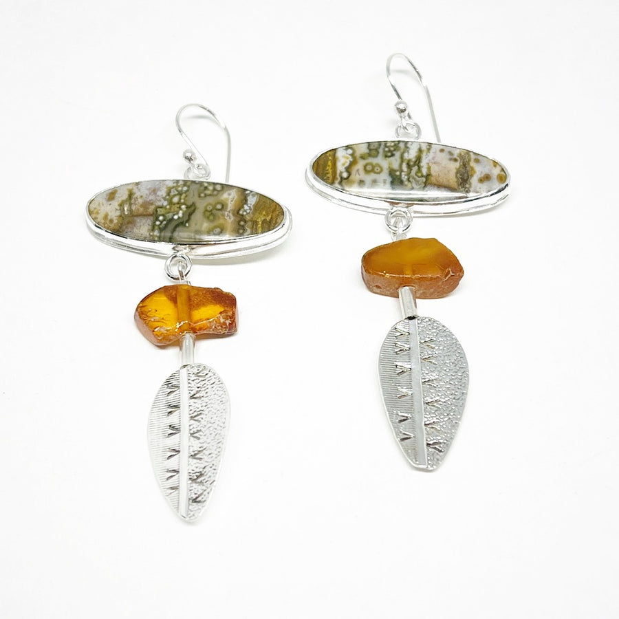 Sterling silver, river jasper and amber earrings