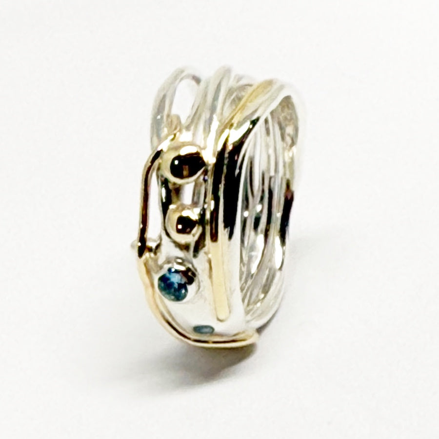 Ring insterling silver &  9ct Yellow gold with 2 Blue Zircons