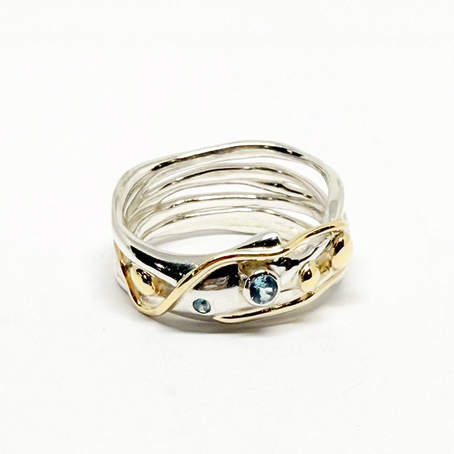 Ring insterling silver &  9ct Yellow gold with 2 Blue Zircons