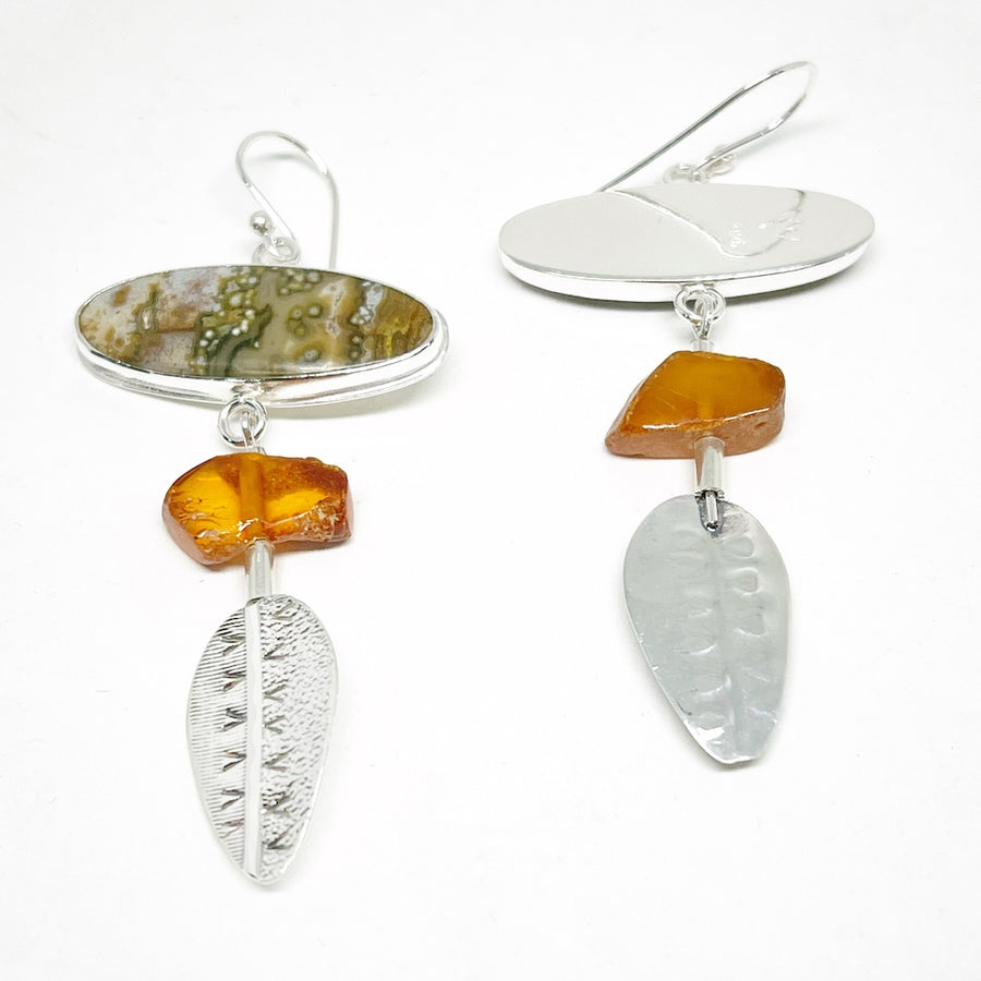 Sterling silver, river jasper and amber earrings