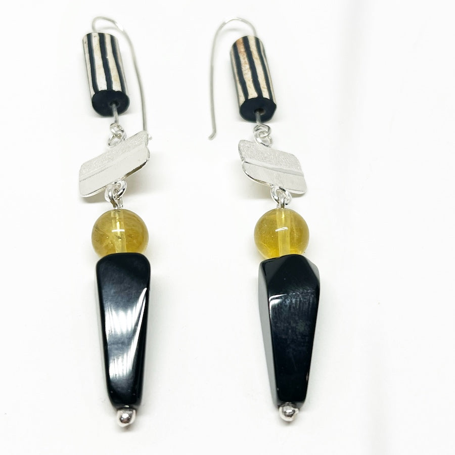 Sterling Silver, Obsidian, Citrine and Vintage Ceramic Earrings - Alliance