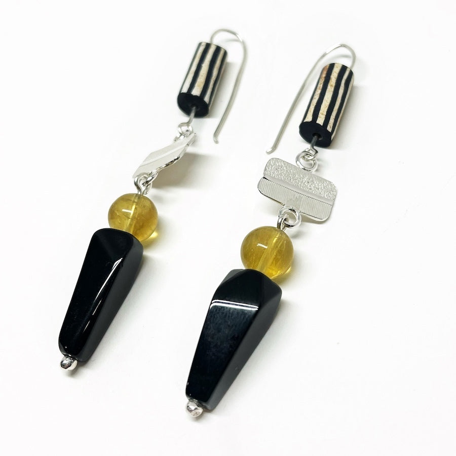 Sterling Silver, Obsidian, Citrine and Vintage Ceramic Earrings - Alliance