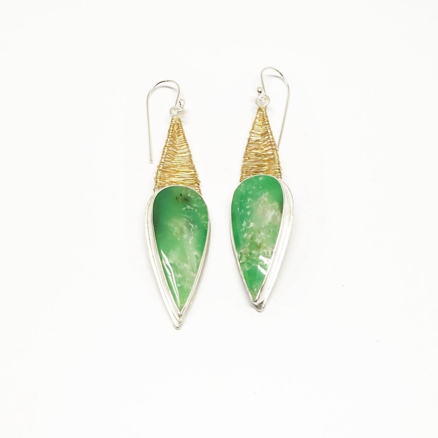 Handmade Chrysoprase, sterling silver & 14kt gold-filled weave Earrings - Positive Conduit -Heart