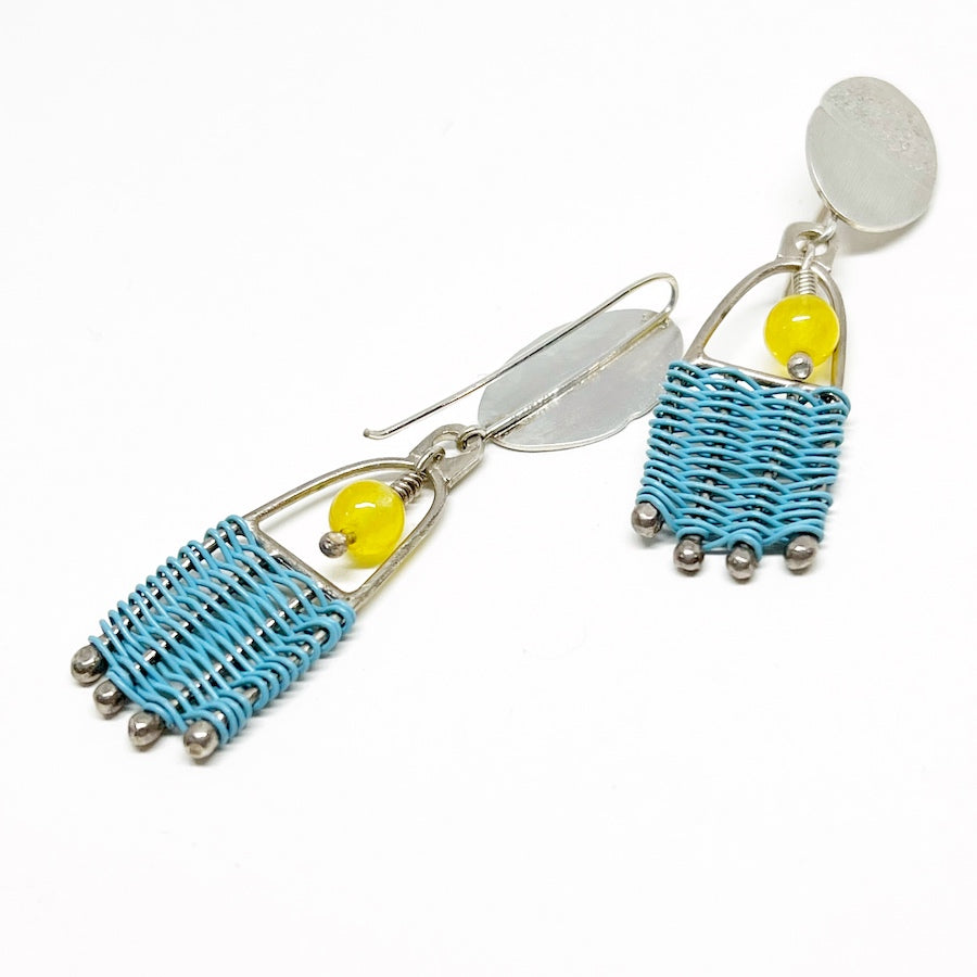 Handmade Sterling Silver and Blue Enamel Wire Earrings - Bright Future Weaving