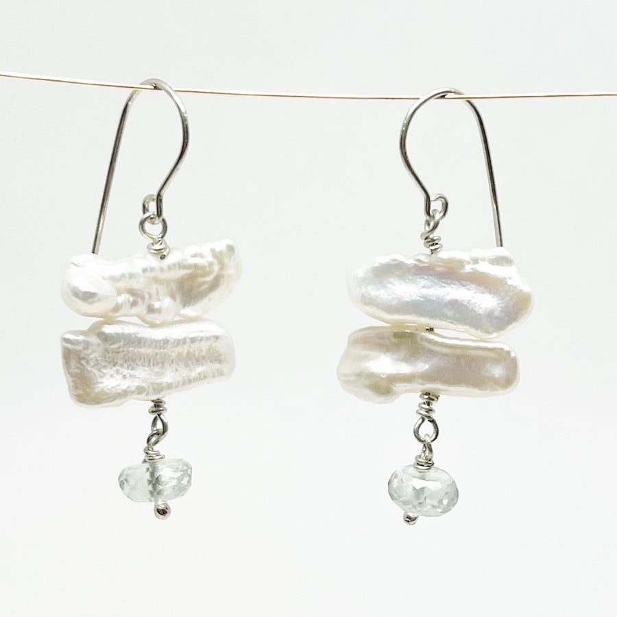 Freshwater Baroque Kashi Pearls with Green Quartz Drops on Sterling Silver wire and Hooks - Water Moon