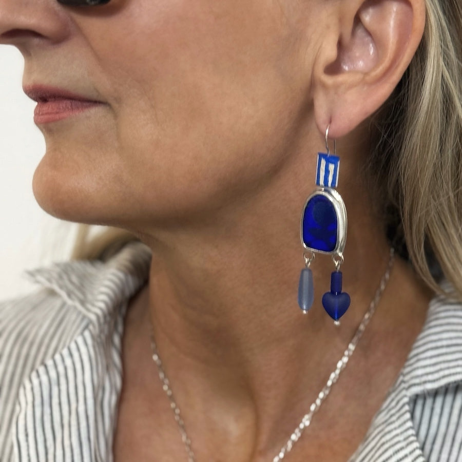 Earrings in deep blue vintage glass and antique ceramic pipes