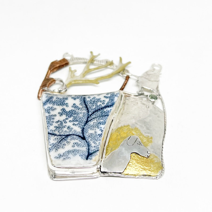 Pendant of antique pottery sterling silver, gold leaf, gold enamel paint