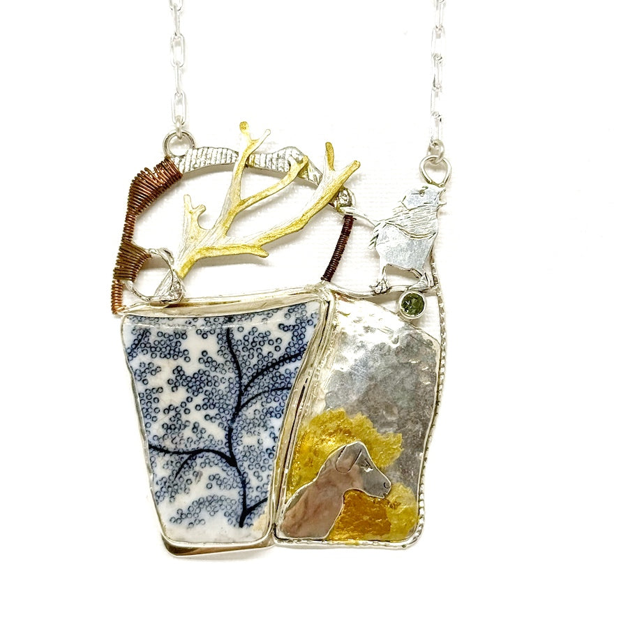 Pendant of antique pottery sterling silver, gold leaf, gold enamel paint