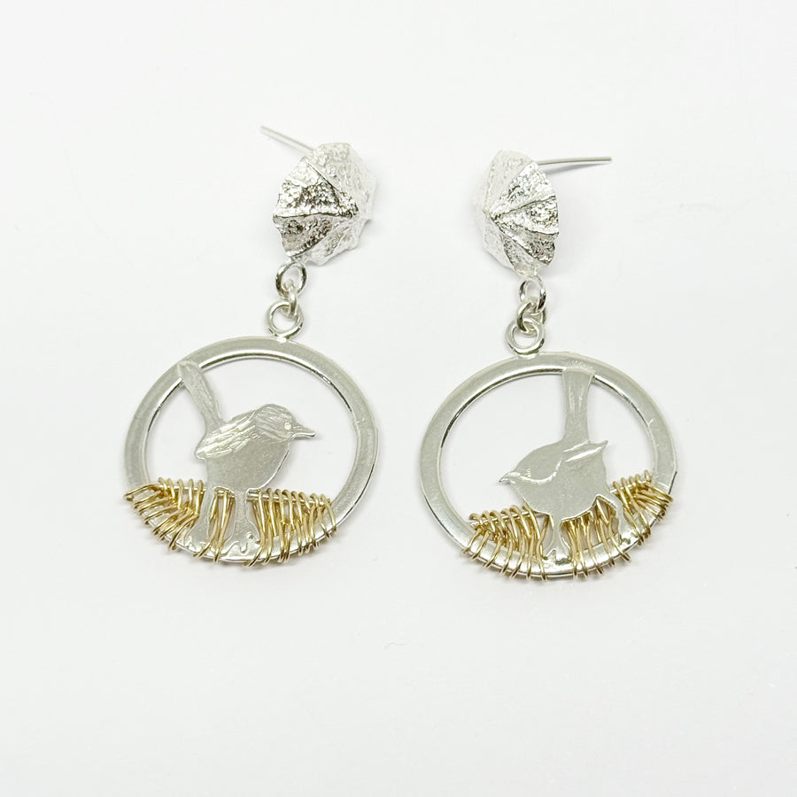 Handmade Little Wren Earrings - Sterling Silver & 14kt gold-filled weave