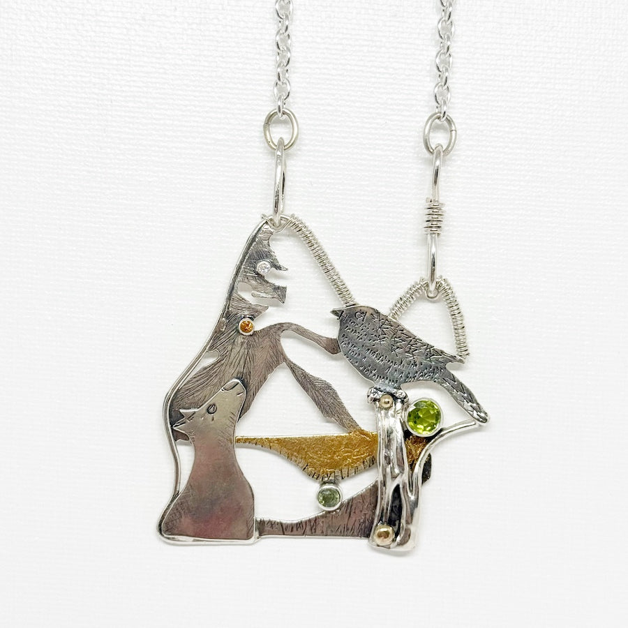 Pendant in recycled sterling silver with 9ct gold, diamond, peridot, orange and green sapphire