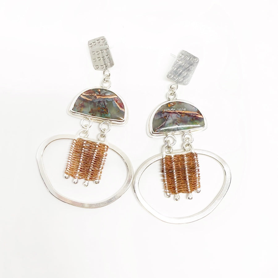 Earrings-solid sterling silver and copper with chrysocolla copper in quartz stone