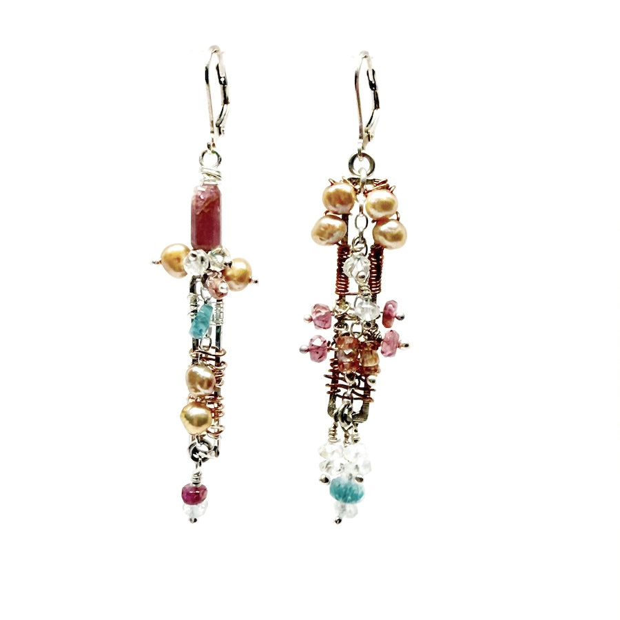 Sterling silver earrings with opal, pearls, tourmaline, aquamarine, topaz and copper