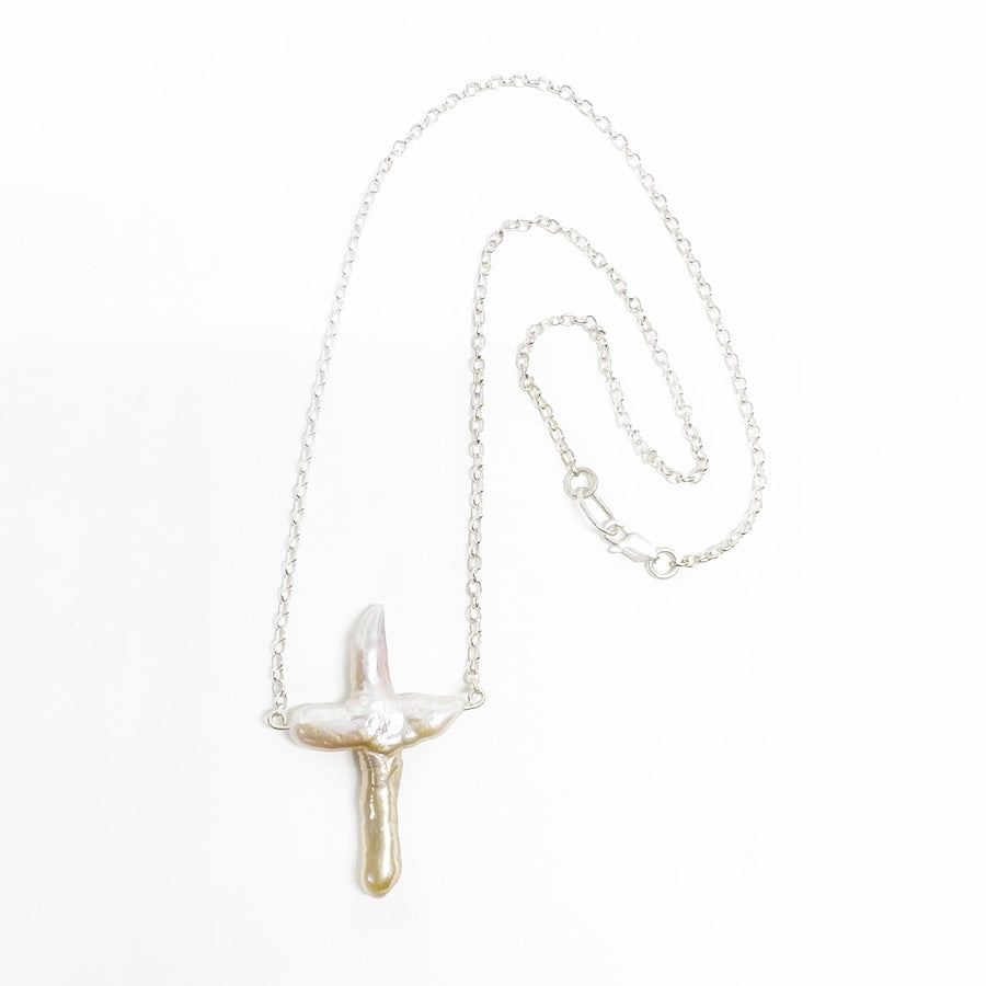 Baroque cross freshwater pearl with sterling silver chain