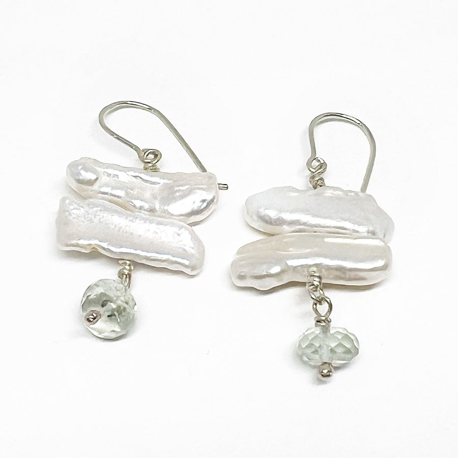 Freshwater Baroque Kashi Pearls with Green Quartz Drops on Sterling Silver wire and Hooks - Water Moon