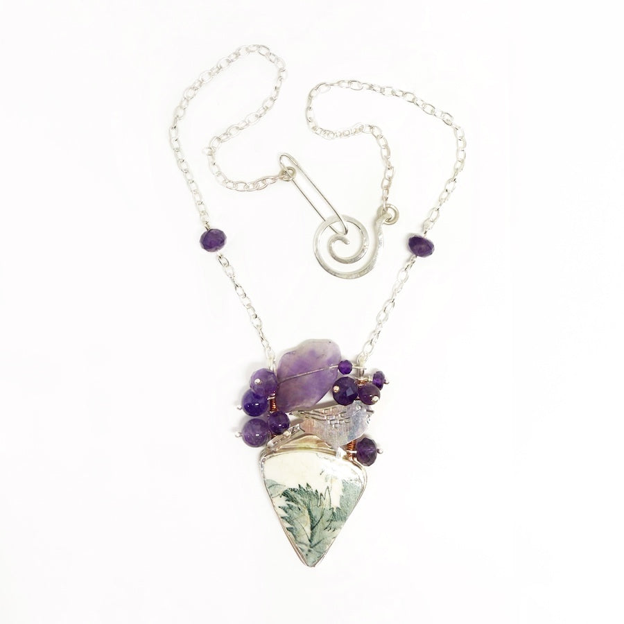 Pendant in sterling silver with antique pottery and amethyst