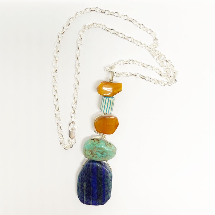 Sterling silver, azurite, turquoise, Baltic amber, antique ceramic pipe pendant