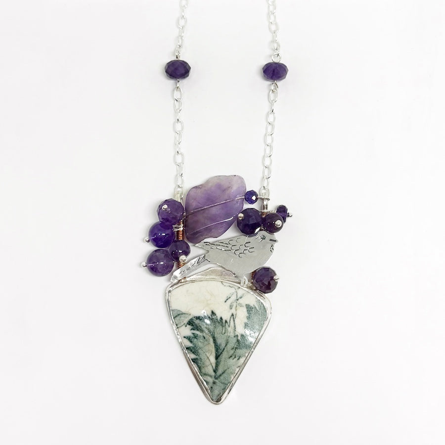 Pendant in sterling silver with antique pottery and amethyst