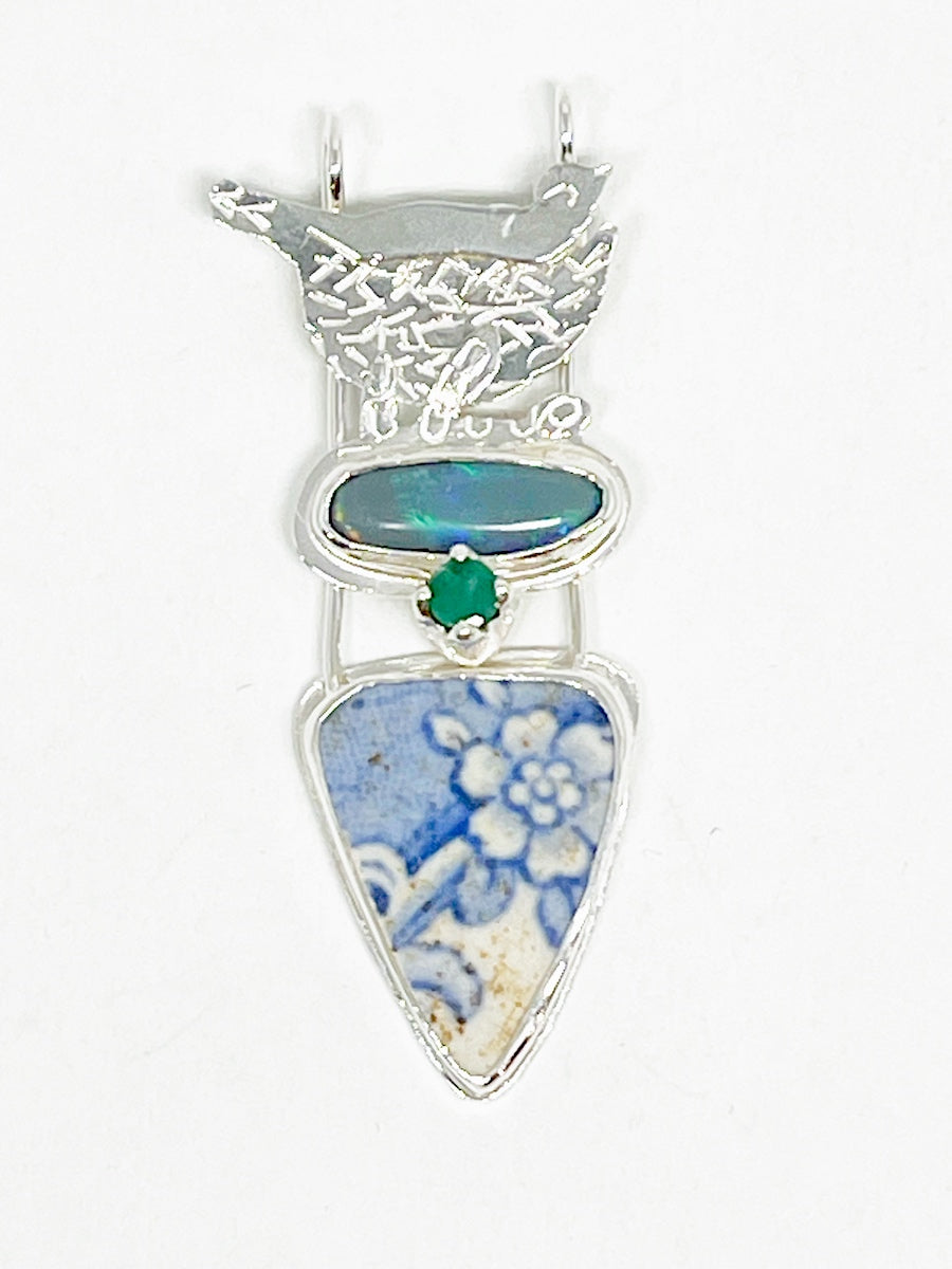 Sterling silver, emerald, solid opal, pottery shard bird pendant